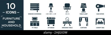 filled furniture and household icon set. contain flat window coverings, bedroom lamp, chair, table lamp, hair dryer, tv table, ottoman, dressing table Stock Vector
