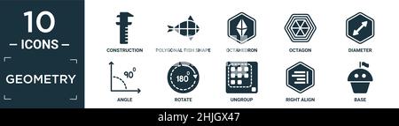 filled geometry icon set. contain flat construction, polygonal fish shape of small triangles, octahedron, octagon, diameter, angle, rotate, ungroup, r Stock Vector