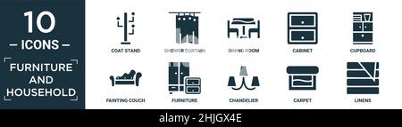 filled furniture and household icon set. contain flat coat stand, shower curtain, dining room, cabinet, cupboard, fainting couch, furniture, chandelie Stock Vector