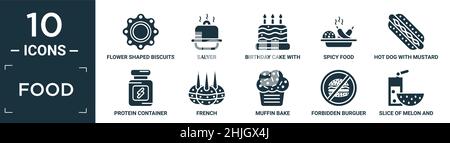 filled food icon set. contain flat flower shaped biscuits, salver, birthday cake with candles, spicy food, hot dog with mustard, protein container, fr Stock Vector