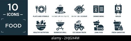 filled food icon set. contain flat plate and utensils, warm cup and plate, snow fungus soup, drinks menu, boiler, healthy nutrition, barbecue grill, i Stock Vector