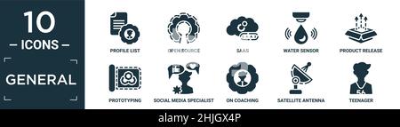 filled general icon set. contain flat profile list, open source, saas, water sensor, product release, prototyping, social media specialist, on coachin Stock Vector