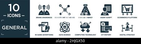 filled general icon set. contain flat brand awareness, advertising networks, biomass energy, agent script, ecommerce platform, in-game advertising, da Stock Vector