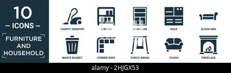 filled furniture and household icon set. contain flat carpet sweeper, shelves, bookcase, rack, sleigh bed, waste basket, corner sofa, porch swing, cou Stock Vector