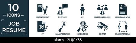 filled job resume icon set. contain flat exit interview, grievance, man, selection process, curriculum vitae, cv, human resources, due diligence, cont Stock Vector