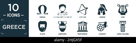 filled greece icon set. contain flat omega, alexander the great, artemis, armor, lyre, plato, amphora, parthenon, chariot, jonic column icons in edita Stock Vector