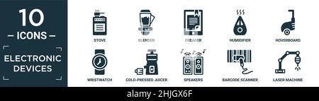 filled electronic devices icon set. contain flat stove, blender, ereader, humidifier, hoverboard, wristwatch, cold-pressed juicer, speakers, barcode s Stock Vector