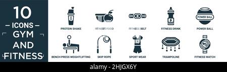 filled gym and fitness icon set. contain flat protein shake, fitness food, fitness belt, fitness drink, power ball, bench press weightlifting, skip ro Stock Vector