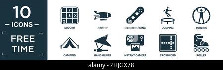 filled free time icon set. contain flat sudoku, airship, snowboarding, jumping, zorbing, camping, hang glider, instant camera, crossword, roller icons Stock Vector