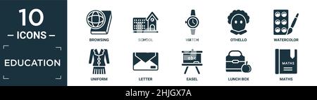 filled education icon set. contain flat browsing, school, watch, othello, watercolor, uniform, letter, easel, lunch box, maths icons in editable forma Stock Vector