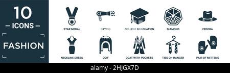filled fashion icon set. contain flat star medal, drying, college graduation cap, diamond, fedora, neckline dress, coif, coat with pockets, ties on ha Stock Vector