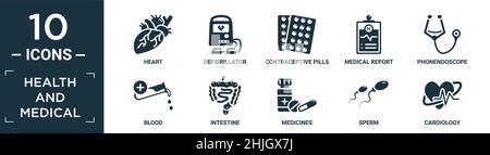 filled health and medical icon set. contain flat heart, defibrillator, contraceptive pills, medical report, phonendoscope, blood, intestine, medicines Stock Vector