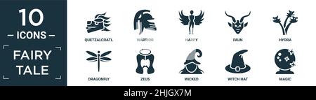 filled fairy tale icon set. contain flat quetzalcoatl, warrior, harpy, faun, hydra, dragonfly, zeus, wicked, witch hat, magic icons in editable format Stock Vector