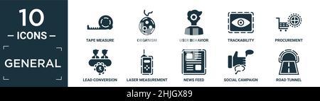 filled general icon set. contain flat tape measure, organism, user behavior, trackability, procurement, lead conversion, laser measurement, news feed, Stock Vector