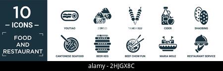 filled food and restaurant icon set. contain flat youtiao, zongzi, tanghulu, cider, shaobing, cantonese seafood soup, beer keg, beef chow fun, maria m Stock Vector