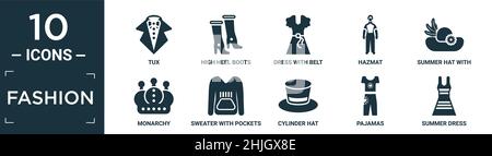 filled fashion icon set. contain flat tux, high heel boots, dress with belt, hazmat, summer hat with a flower, monarchy, sweater with pockets, cylinde Stock Vector