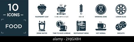 filled food icon set. contain flat raspberry leaf, dandan noodles, kebab, drinking zone, lemon slice, drink water, time to have a break, restaurant me Stock Vector