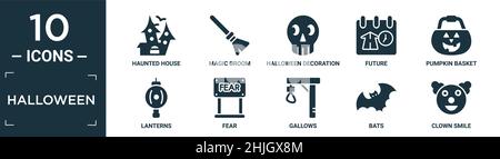 filled halloween icon set. contain flat haunted house, magic broom, halloween decoration, future, pumpkin basket, lanterns, fear, gallows, bats, clown Stock Vector