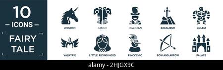 filled fairy tale icon set. contain flat unicorn, armor, magician, excalibur, golem, valkyrie, little riding hood, pinocchio, bow and arrow, palace ic Stock Vector