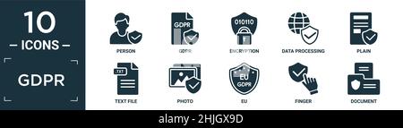 filled gdpr icon set. contain flat person, gdpr, encryption, data processing, plain, text file, photo, eu, finger, document icons in editable format. Stock Vector