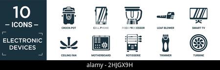 filled electronic devices icon set. contain flat crock-pot, cell phone, food processor, leaf blower, smart tv, ceiling fan, motherboard, rotisserie, t Stock Vector