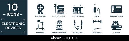 filled electronic devices icon set. contain flat electric fan, electric blanket, electric pencil sharpener, jack, burglar alarm, earphone, garbage dis Stock Vector