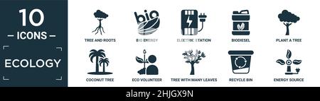 filled ecology icon set. contain flat tree and roots, bio energy, electric station, biodiesel, plant a tree, coconut tree, eco volunteer, with many le Stock Vector