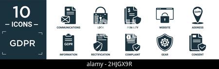 filled gdpr icon set. contain flat communications, lock, penalty, website, address, information, rectification, complaint, gear, consent icons in edit Stock Vector