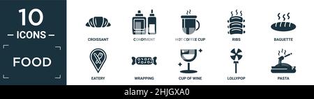 filled food icon set. contain flat croissant, condiment, hot coffee cup, ribs, baguette, eatery, wrapping, cup of wine, lollypop, pasta icons in edita Stock Vector