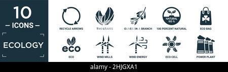 filled ecology icon set. contain flat recycle arrows, two leaves, olives on a branch, 100 percent natural, eco bag, eco, wind mills, wind energy, eco Stock Vector