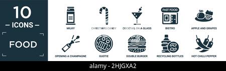 filled food icon set. contain flat milky, christmas candy sticks, cocktail on a glass, bistro, apple and grapes, opening a champagne bottle, guotie, d Stock Vector