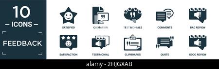 filled feedback icon set. contain flat satisfied, quotation, testimonials, comments, bad review, satisfaction, testimonial, clipboards, quote, good re Stock Vector