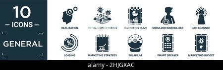 filled general icon set. contain flat realization, initial coin offering, marketing plan, shoulder immobilizer, mri scanner, loading, marketing strate Stock Vector