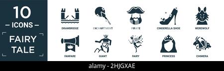 filled fairy tale icon set. contain flat drawbridge, enchantment, pirate, cinderella shoe, werewolf, fanfare, giant, fairy, princess, chimera icons in Stock Vector