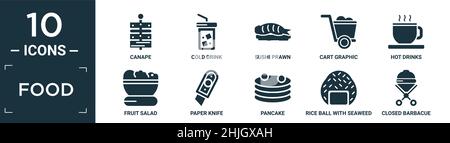 filled food icon set. contain flat canape, cold drink, sushi prawn, cart graphic, hot drinks, fruit salad, paper knife, pancake, rice ball with seawee Stock Vector