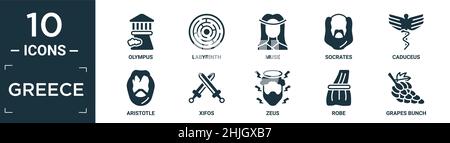 filled greece icon set. contain flat olympus, labyrinth, muse, socrates, caduceus, aristotle, xifos, zeus, robe, grapes bunch icons in editable format Stock Vector