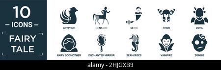 filled fairy tale icon set. contain flat gryphon, centaur, genie, thor, devil, fairy godmother, enchanted mirror, seahorses, vampire, zombie icons in Stock Vector