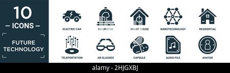 filled future technology icon set. contain flat electric car, incubator, smart house, nanotechnology, residential, teleportation, ar glasses, capsule, Stock Vector