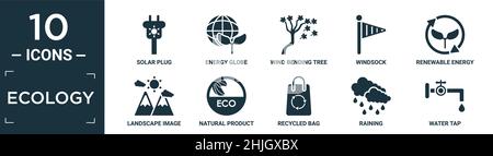 filled ecology icon set. contain flat solar plug, energy globe, wind bending tree, windsock, renewable energy, landscape image, natural product, recyc Stock Vector