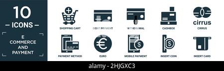 filled e commerce and payment icon set. contain flat shopping cart, debit payment, withdrawal, cashbox, cirrus, payment method, euro, mobile payment, Stock Vector