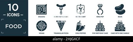 filled food icon set. contain flat shuizhu, burning sausage on a fork, restaurant, ring pop, bean, vegan, triangular pizza slice, chili pepper, five b Stock Vector