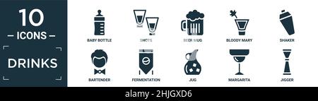 filled drinks icon set. contain flat baby bottle, shots, beer mug, bloody mary, shaker, bartender, fermentation, jug, margarita, jigger icons in edita Stock Vector