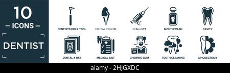 filled dentist icon set. contain flat dentists drill tool, dental veneer, sealants, mouth wash, cavity, dental x ray, medical list, chewing gum, tooth Stock Vector
