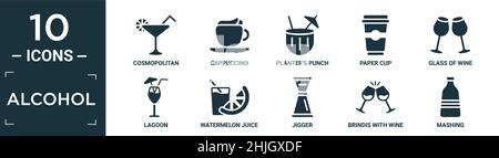 filled alcohol icon set. contain flat cosmopolitan, cappuccino, planter's punch, paper cup, glass of wine, lagoon, watermelon juice, jigger, brindis w Stock Vector