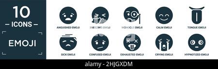 filled emoji icon set. contain flat anguished emoji, sneezing emoji, monocle calm tongue sick confused exhausted crying hypnotized icons in editable f Stock Vector