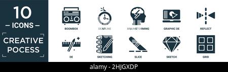 filled creative pocess icon set. contain flat boombox, deadline, brainstorming, graphic de, reflect, de, sketching, slice, sketch, grid icons in edita Stock Vector