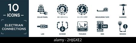 filled electrian connections icon set. contain flat solar panel, web camera, electricity, measuring tape, hammer, lan, scheme, toolbox, sms, broken ic Stock Vector