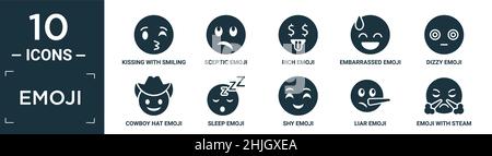 filled emoji icon set. contain flat kissing with smiling eyes emoji, sceptic emoji, rich embarrassed dizzy cowboy hat sleep shy liar with steam from n Stock Vector