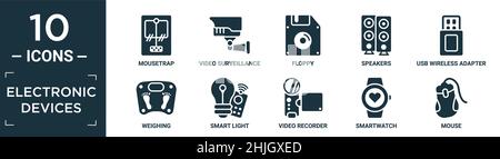 filled electronic devices icon set. contain flat mousetrap, video surveillance, floppy, speakers, usb wireless adapter, weighing, smart light, video r Stock Vector