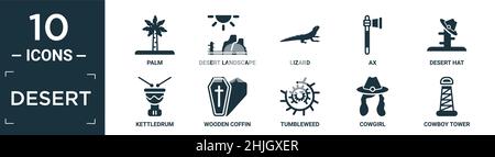 filled desert icon set. contain flat palm, desert landscape, lizard, ax, desert hat, kettledrum, wooden coffin, tumbleweed, cowgirl, cowboy tower icon Stock Vector